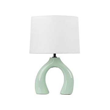 Table Lamp Light Green Ceramic Polyester Cotton Drum Shaped Shade Half-round Base Minimalistic Design Beliani