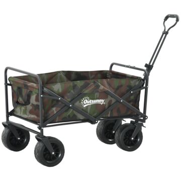 Outsunny Folding Garden Trolley, Outdoor Wagon Cart With Carry Bag, For Beach, Camping, Festival, 100kg Capacity, Camouflage