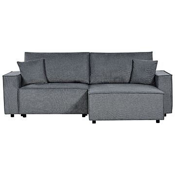Left Hand Corner Sofa Bed Dark Grey Fabric Polyester Upholstered 3 Seater L-shaped Bed With Cushions Sleeping Function Modern Style Living Room Beliani