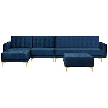 Corner Sofa Bed Navy Blue Velvet Tufted Fabric Modern L-shaped Modular 5 Seater With Ottoman Right Hand Chaise Longue Beliani