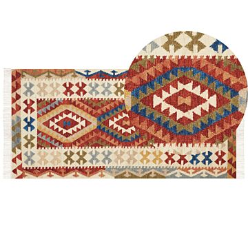 Kilim Area Rug Multicolour Wool 80 X 150 Cm Hand Woven Flat Weave Geometrical Pattern With Tassels Traditional Living Room Bedroom Beliani