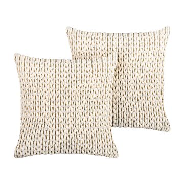 Set Of 2 Decorative Cushions Beige Cotton And Polyester 45 X 45 Cm Boho Design Braided Decor Accessories Beliani
