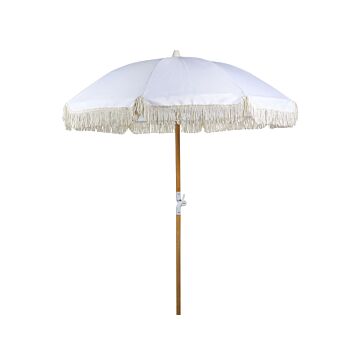Garden Parasol White Fabric Beech Wood Pole ⌀ 150 Cm Round Retro Garden Outdoor Umbrella Tilting Uv Resistant Beliani
