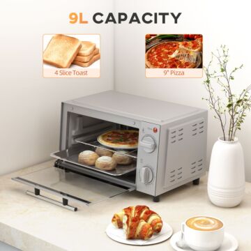 Homcom Mini Oven, 9l Countertop Electric Grill, Toaster Oven With Adjustable Temperature, Timer, Baking Tray And Wire Rack, 750w, Silver