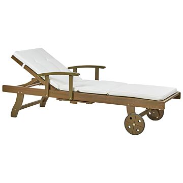 Garden Sun Lounger Dark Acacia Wood Natural With Off-white Cushion Adjustable Backrest Inbuilt Castors Rustic Traditional Style Beliani