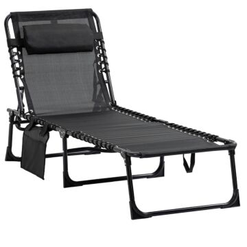 Outsunny Portable Sun Lounger, Folding Camping Bed Cot, Reclining Lounge Chair 5-position Adjustable Backrest W/side Pocket For Patio Garden Black