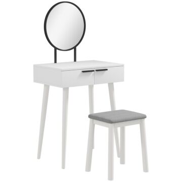 Homcom Dressing Table With Mirror And Stool, Vanity Makeup Desk Set With 2 Drawers, Cushioned Stool And Make-up Organiser For Bedroom And Dressing Room, 60 X 40 X 123 Cm, White