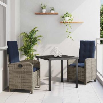 Vidaxl 3 Piece Garden Dining Set With Cushions - Grey Poly Rattan