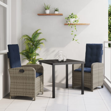 Vidaxl 3 Piece Garden Dining Set With Cushions - Grey Poly Rattan