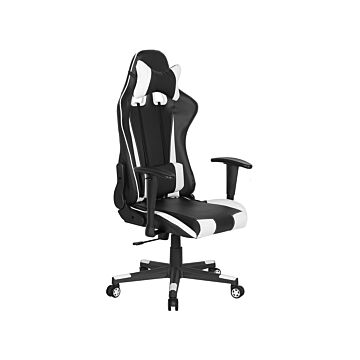Gaming Chair Black Faux Leather With White Reclining Adjustable Armrests Height Lumbar Support Headrest Cushion Office Chair Beliani