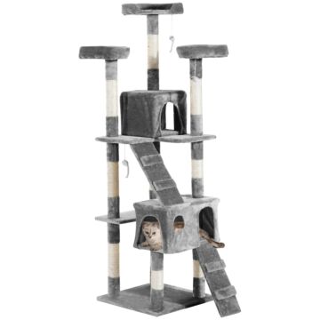 Pawhut Cat Tree For Indoor Cats Kitten Kitty Scratching Scratcher Post Climbing Tower Activity Centre House Grey