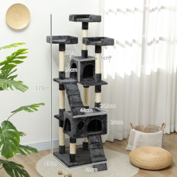 Pawhut Cat Tree For Indoor Cats Kitten Kitty Scratching Scratcher Post Climbing Tower Activity Centre House Grey