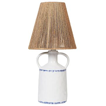 Table Lamp White Ceramic 24 X 24 X 51 Cm Natural Wicker Paper Cone Shade Bedside Living Room Bedroom Lighting Beliani