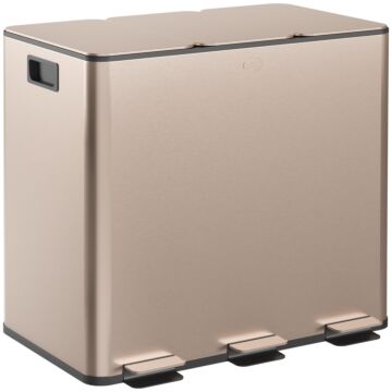 Homcom 3 X 15l Pedal Bin, Steel Triple Kitchen Bin With Soft Close Lid, Removable Inner Buckets, Fingerprint-proof, Gold Tone