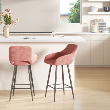 Homcom Set Of Two Velvet-feel Bar Stools - Pink