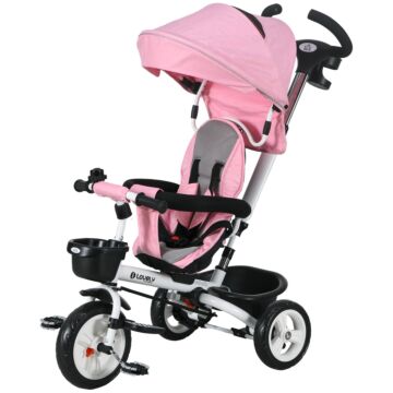 Homcom Metal Frame 4 In 1 Baby Push Tricycle With Parent Handle For 1-5 Years Old, Pink