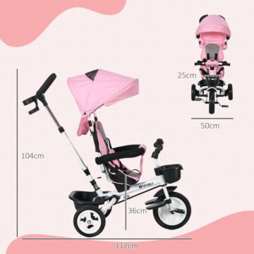 Homcom Metal Frame 4 In 1 Baby Push Tricycle With Parent Handle For 1-5 Years Old, Pink