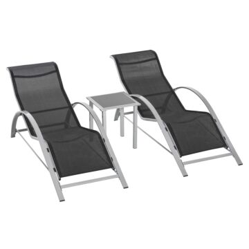 Outsunny 3 Pieces Lounge Chair Set Garden Outdoor Recliner Sunbathing Chair With Table, Black