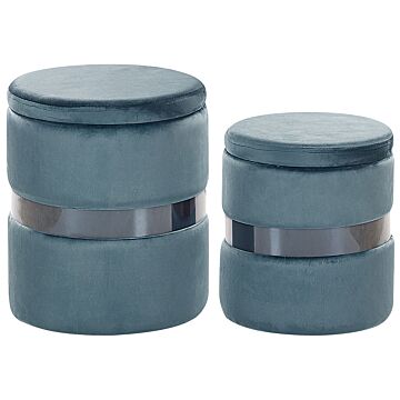 Set Of 2 Storage Pouffes Light Blue Polyester Velvet Upholstery Footstool Glam Style Beliani
