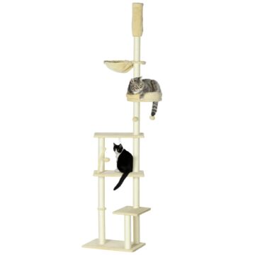 Pawhut Floor To Ceiling Cat Tree, 6-tier Play Tower Climbing Activity Center W/ Scratching Post, Platforms, Adjustable Height, Beige