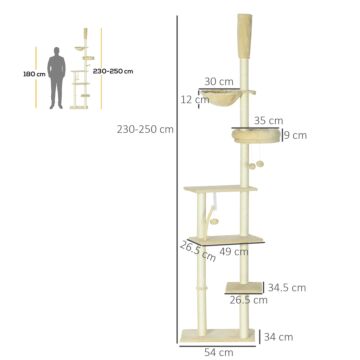Pawhut Floor To Ceiling Cat Tree, 6-tier Play Tower Climbing Activity Center W/ Scratching Post, Platforms, Adjustable Height, Beige