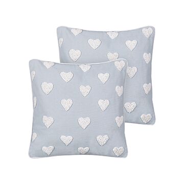 Set Of 2 Scatter Cushions Grey Cotton 45 X 45 Cm Embroidered Hearts Pattern Beliani