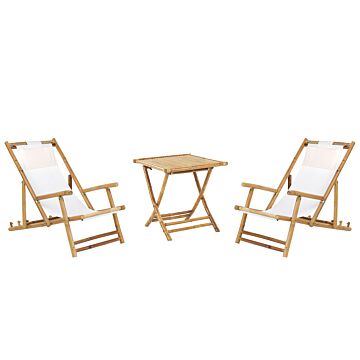 2 Seater Sun Lounger Set With Coffee Table Natural Bamboo Wood Beige Folding Deck Chairs And Side Table Beliani