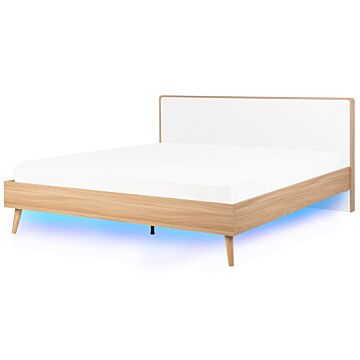 Slatted Bed Frame Light Manufactured Wood And White Headboard Led Illumination 6ft Eu Super King Size Scandinavian Design Beliani