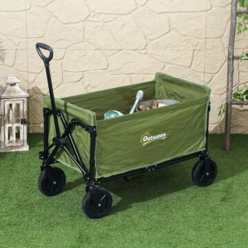 Outsunny 120l Folding Garden Trolley Cart, Outdoor Collapsible Wagon With Wheels And Adjustable Handle For Beach, Camping, Festival, Green