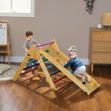 Aiyaplay Toddler Climbing Frame For Kids With Ramp, 3 In 1 Wooden Pikler Triangle Set For 18-48 Months, Multicolour