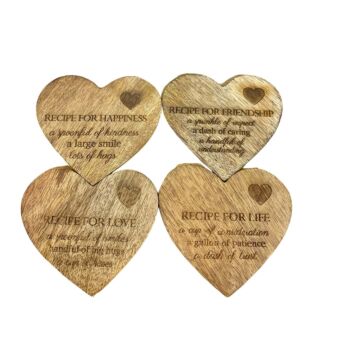 Set Of 4 Wooden Heart Shaped Coasters