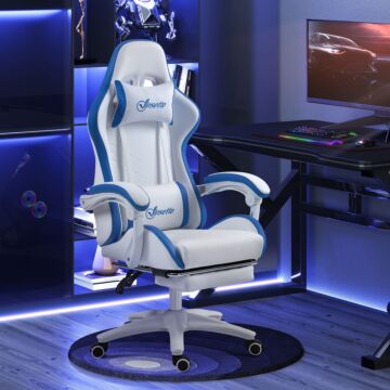 Vinsetto Racing Gaming Chair, Reclining Pu Leather Computer Chair With 360 Degree Swivel Seat, Footrest, Removable Headrest And Lumber Support, White And Blue