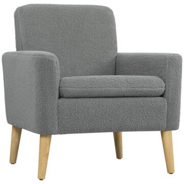 Homcom Armchair, Upholstered Accent Chair With Wood Legs And Wide Padded Seat, Teddy Occasional Chair, Grey