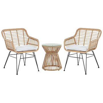 Bistro Set Brown Faux Rattan Black Steel Hairpin Legs 2 Chairs With Grey Cushions Glass Table Top Modern 2 Seater Outdoor Set Beliani