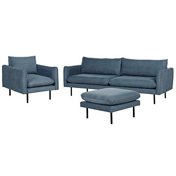 Living Room Set With Ottoman Blue Fabric Black Legs Corner Sofa 3 Seater Armchair Footstool Modern Retro Style Beliani