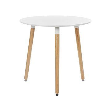 Dining Table Round White Mdf Table Top 80 Cm Light Brown Beech Wood Legs With Protective Caps Minimalist Scandinavian Dining Room Beliani