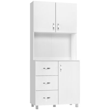 Homcom Free Standing Kitchen Cabinet Cupboard With 2 Cabinet, 3 Drawers And 1 Open Space, Adjustable Height Storage Unit, White