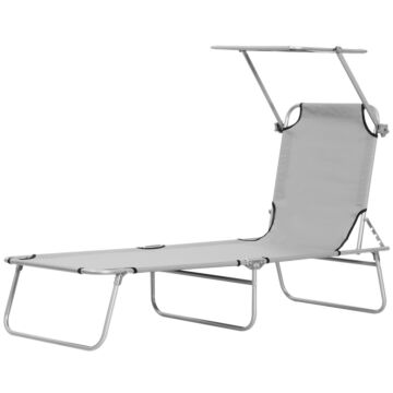 Outsunny Reclining Chair Folding Lounger Seat With Sun Shade Awning Beach Garden Outdoor Patio Recliner Adjustable, Light Grey