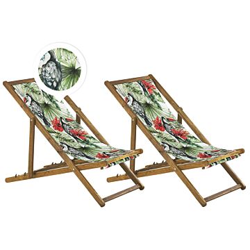 Set Of 2 Garden Deck Chairs Light Acacia Wood Frame Toucan Pattern Replacement Fabric Hammock Seat Reclining Folding Sun Lounger Beliani