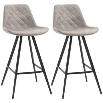 Homcom Set Of 2 Bar Stools Vintage Microfiber Cloth Tub Seats Padded Comfortable Steel Frame Footrest Quilted Home Bar Cafe Kitchen Chair Stylish Grey