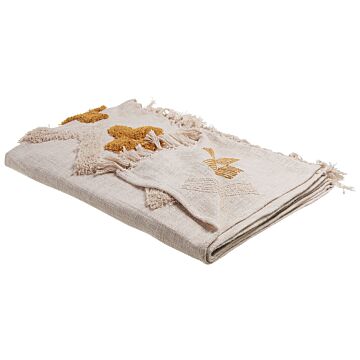 Blanket Beige And Yellow Cotton 130 X 180 Cm Bed Throw Abstract Pattern Fringes Bedroom Living Room Beliani