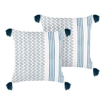 2 Decorative Cushions White And Dark Blue Cotton 45 X 45 Cm Geometric Pattern Block Printed Boho Decor Accessories Beliani