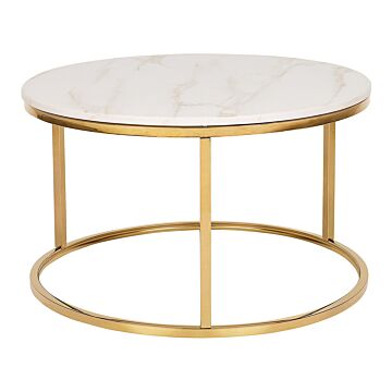 Coffee Table Beige Marble Effect Ø 70 Cm Round Gold Base Modern Beliani