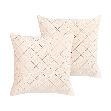 Set Of 2 Cushions Beige Velvet 45 X 45 Cm With Decorative Elements Glamour Modern Living Room Bedroom Beliani