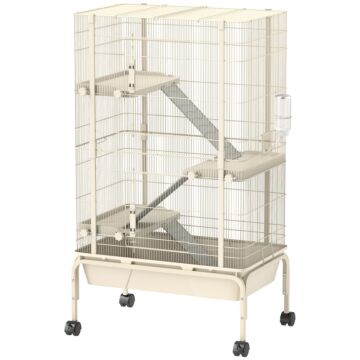 Pawhut 4 Levels Rolling Small Animal Cage, Rabbit Cage With 3 Ramps, Water Bottle, Food Dish, 15cm Deep Tray, Beige