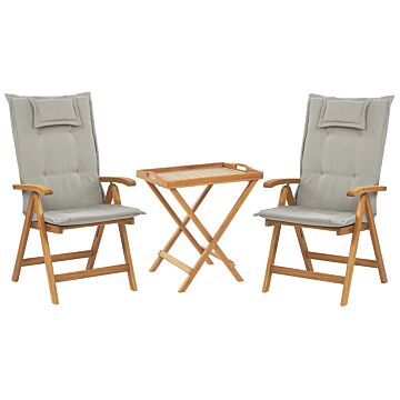 Garden Bistro Set Acacia Wood Table 2 Chairs With Taupe Cushions Uv Resistant Foldable Beliani