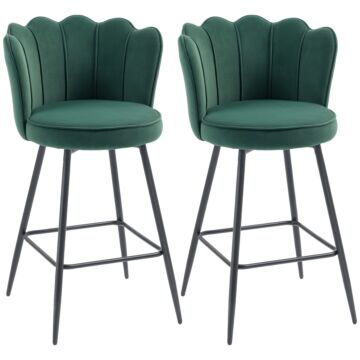 Homcom Set Of Two Velvet-feel Lotus Bar Stools - Dark Green