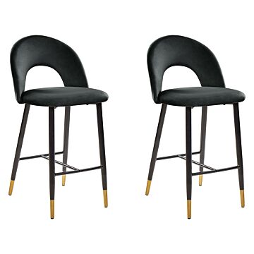 Set Of 2 Bar Chairs Black Velvet Black Steel Retro Design Golden Ends Dining Room Beliani