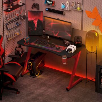 Homcom Gaming Desk Steel Frame W/ Cup Headphone Holder Adjustable Feet Cable Organiser Home Office Computer Table Red