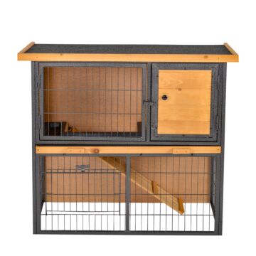 Pawhut Wood-metal Rabbit Hutch Elevated Pet House Bunny Cage With Slide-out Tray Asphalt Openable Roof Lockable Door Outdoor